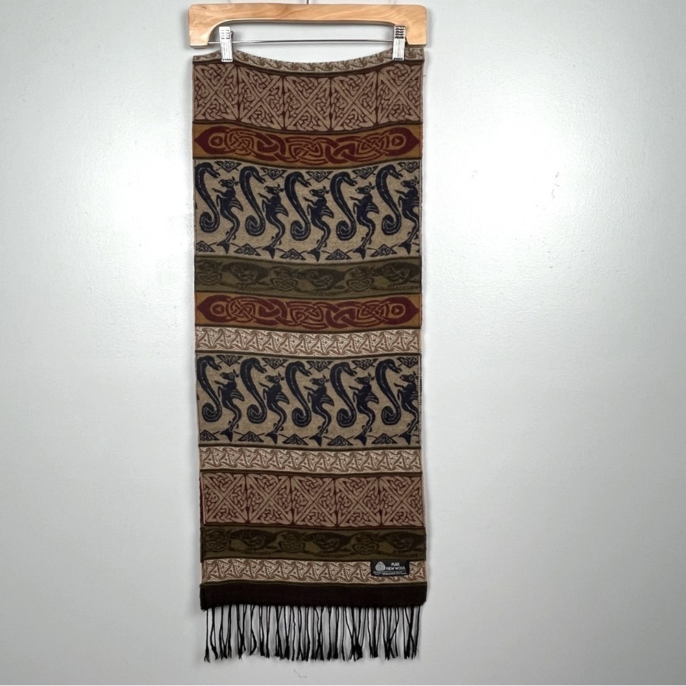 Pure New Wool Celtic sea creatures fringed scarf, brown tones, made in the UK.
